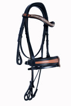 Load image into Gallery viewer, Bridleberry #54 EXTRA PADDED SNAFFLE BRIDLE IN FULL GRAIN LEATHER, TWO TONE BASKET WEAVE EMBOSSED NOSEBAND W/REINS