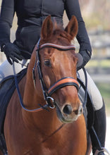 Load image into Gallery viewer, Bridleberry #54 EXTRA PADDED SNAFFLE BRIDLE IN FULL GRAIN LEATHER, TWO TONE BASKET WEAVE EMBOSSED NOSEBAND W/REINS