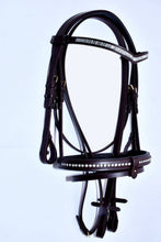 Load image into Gallery viewer, Bridleberry #1 LEATHER BRIDLE CRYSTAL NOSEBAND MULTI CRYSTAL "V" BROWBAND W/PLAIN FULL GRAIN ENGLISH LEATHER REINS