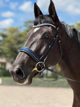 Load image into Gallery viewer, Bridleberry #57 EXTRA PADDED SNAFFLE BRIDLE, BLUE PATENT LEATHER NOSEBAND & CRYSTAL BROWBAND W/ ENGLISH LEATHER RUBBER LINED REINS