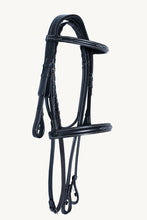 Load image into Gallery viewer, Bridleberry #30 HUNTER SNAFFLE FULL GRAIN LEATHER BRIDLE W/ WHITE STITCHED DESIGN ON BROW & NOSEBANDS, WHITE STITCHED LACED REINS