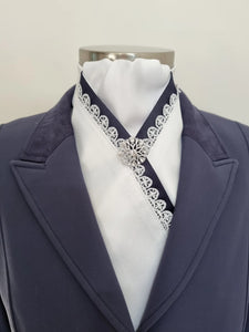 Cadenza~ White / White Center/ Navy Trim with White Lace Overlay