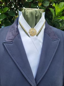 Cadenza Stock Tie~ Sage green gathered center/ gold & sage piping in 'V' style