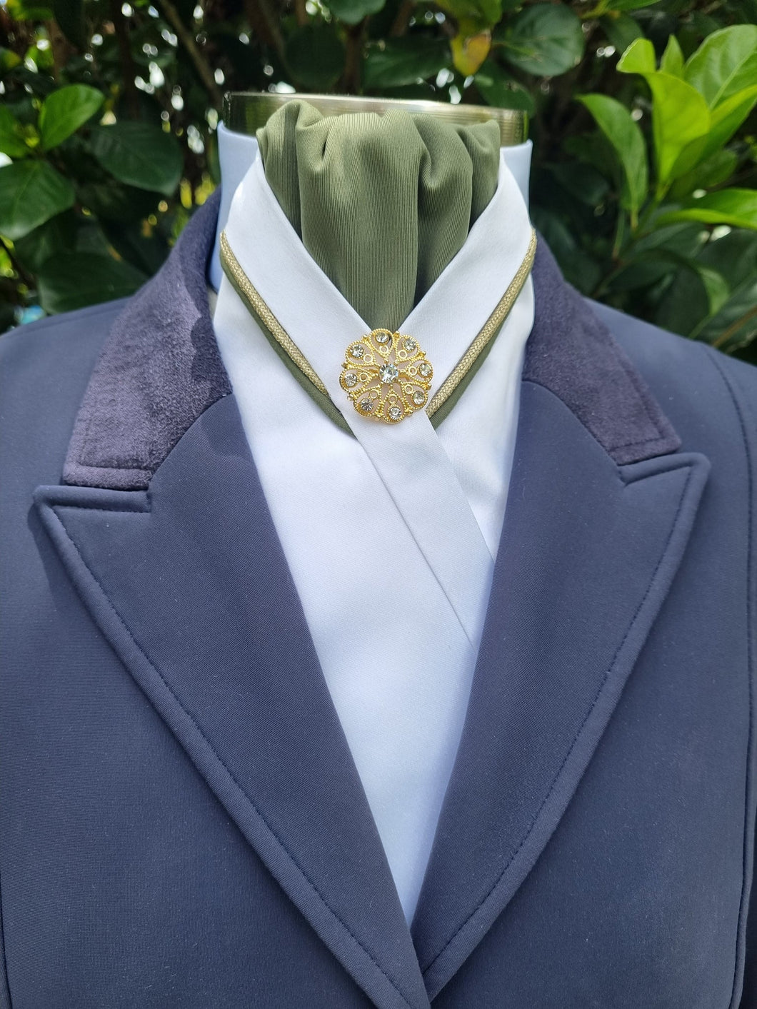 Cadenza Stock Tie~ Sage green gathered center/ gold & sage piping in 'V' style