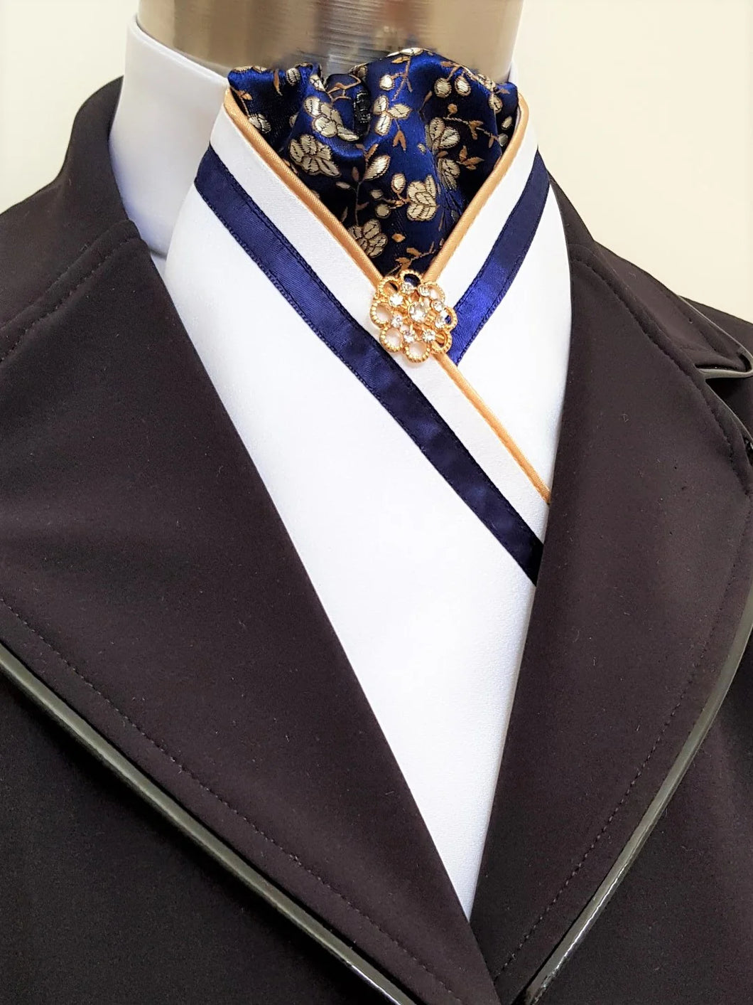 Cadenza Stock Tie ~ White/ Navy & Gold Floral center/ Navy Trim/Gold Piping and Pin