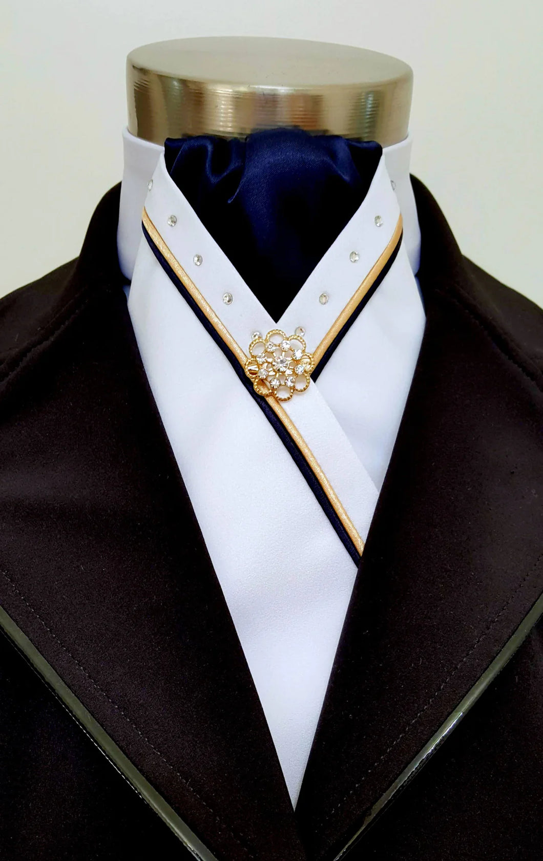 Cadenza Stock Tie ~ Navy Center/ Gold & Navy Piping/ Clear Crystals