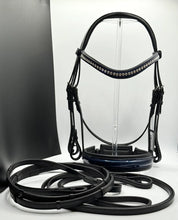 Load image into Gallery viewer, Bridleberry #59 X-PADDED DOUBLE BRIDLE, BLUE PATENT LEATHER NOSE &amp; CRYSTAL BROW W/ ENGLISH LEATHER RUBBER LINED REINS W/STOPS
