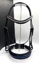 Load image into Gallery viewer, Bridleberry #59 X-PADDED DOUBLE BRIDLE, BLUE PATENT LEATHER NOSE &amp; CRYSTAL BROW W/ ENGLISH LEATHER RUBBER LINED REINS W/STOPS
