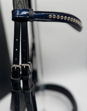Load image into Gallery viewer, Bridleberry #59 X-PADDED DOUBLE BRIDLE, BLUE PATENT LEATHER NOSE &amp; CRYSTAL BROW W/ ENGLISH LEATHER RUBBER LINED REINS W/STOPS
