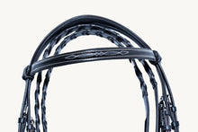 Load image into Gallery viewer, Bridleberry #30 HUNTER SNAFFLE FULL GRAIN LEATHER BRIDLE W/ WHITE STITCHED DESIGN ON BROW &amp; NOSEBANDS, WHITE STITCHED LACED REINS
