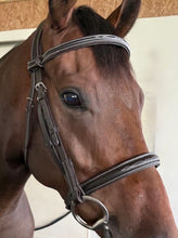 Load image into Gallery viewer, Bridleberry #30 HUNTER SNAFFLE FULL GRAIN LEATHER BRIDLE W/ WHITE STITCHED DESIGN ON BROW &amp; NOSEBANDS, WHITE STITCHED LACED REINS
