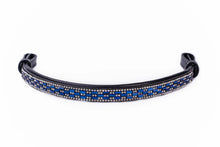 Load image into Gallery viewer, Bridleberry #104 LEATHER BROWBAND W/5 ROWS OF CRYSTALS,3 ROWS IN BLUE &amp; CLEAR RECTANGLE PATTERN, EDGED IN CLEAR CRYSTALS

