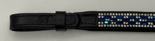 Load image into Gallery viewer, Bridleberry #104 LEATHER BROWBAND W/5 ROWS OF CRYSTALS,3 ROWS IN BLUE &amp; CLEAR RECTANGLE PATTERN, EDGED IN CLEAR CRYSTALS
