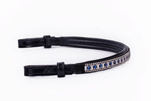 Load image into Gallery viewer, Bridleberry #110 LEATHER BROWBAND W/ RECTANGLE CRYSTALS &amp; BLUE ROUND CRYSTALS, EDGED IN CRYSTALS
