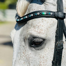 Load image into Gallery viewer, Bridleberry #120 LARGE TURQUOISE/BLUE/CRYSTALS IN CURVED BLACK LEATHER BROWBAND
