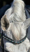 Load image into Gallery viewer, Bridleberry #120 LARGE TURQUOISE/BLUE/CRYSTALS IN CURVED BLACK LEATHER BROWBAND
