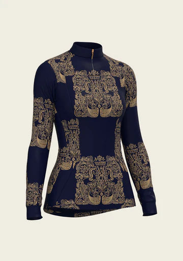 Espoir Mermaid Horses In Navy And Gold Quarter Zip Sun Shirt