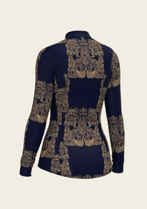 Espoir Mermaid Horses In Navy And Gold Quarter Zip Sun Shirt