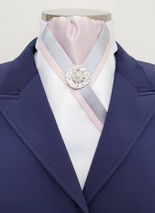 Cadenza Stock Tie~Light pink gathered center/ light grey and pink trim