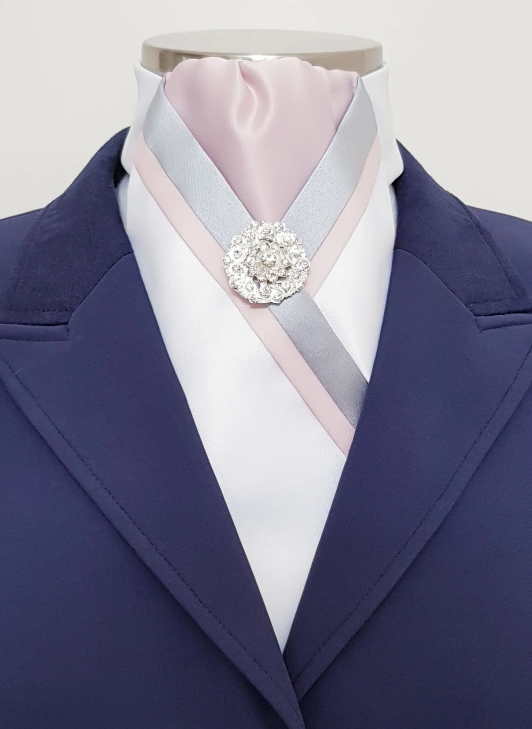 Cadenza Stock Tie~Light pink gathered center/ light grey and pink trim