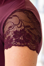Load image into Gallery viewer, Halter Ego: Tara Maroon Short Sleeve Lace Competition Shirt
